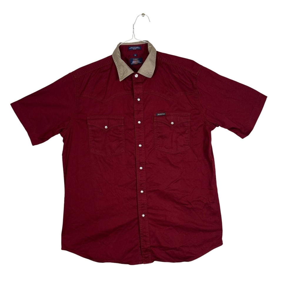 Dickies Mens Burgundy Pearl Snap Western Shirt Short Sleeve Maroon Khaki Large